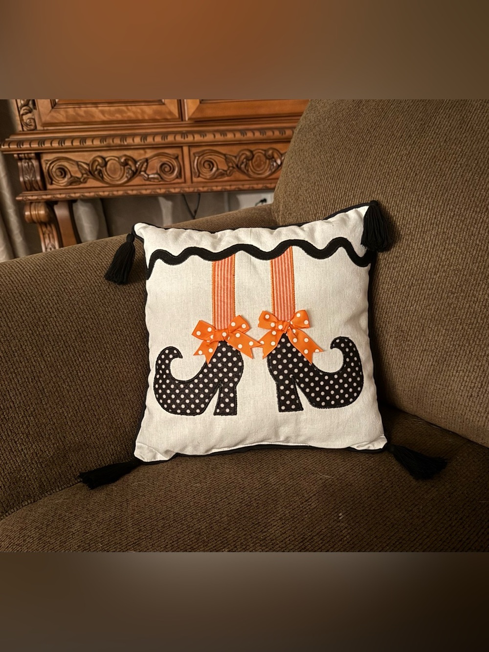 Halloween Reversible Witch Shoes Embroidered Throw Pillow Tassels Polka Dots